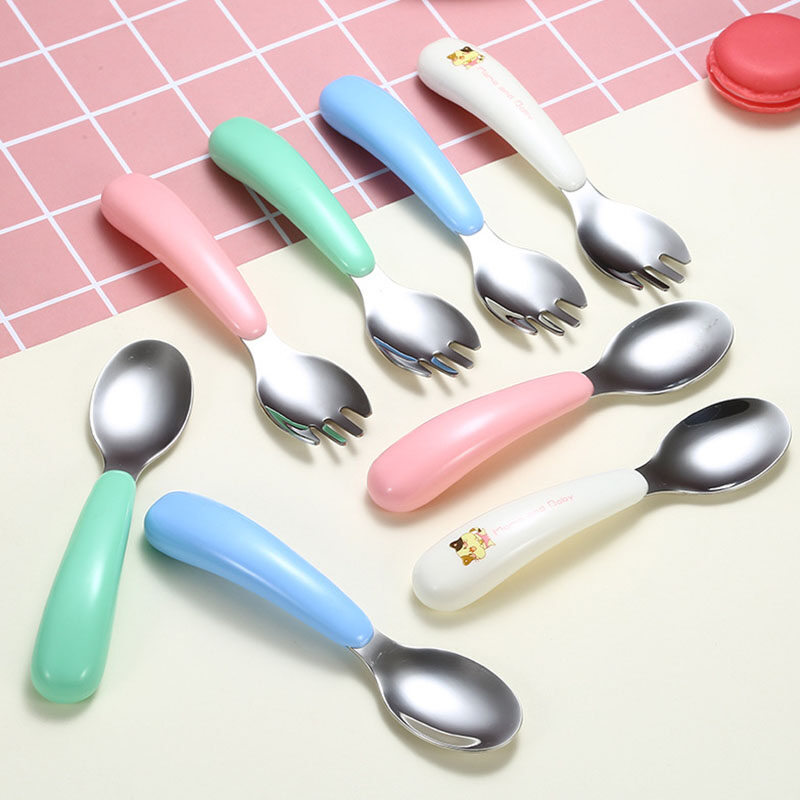 Mododo 2pcs/Set Spoon Forks Portable Children 1Box Kids Cutlery 304 Stainless Steel Tableware Baby Feeding Utensils Cartoon Pattern