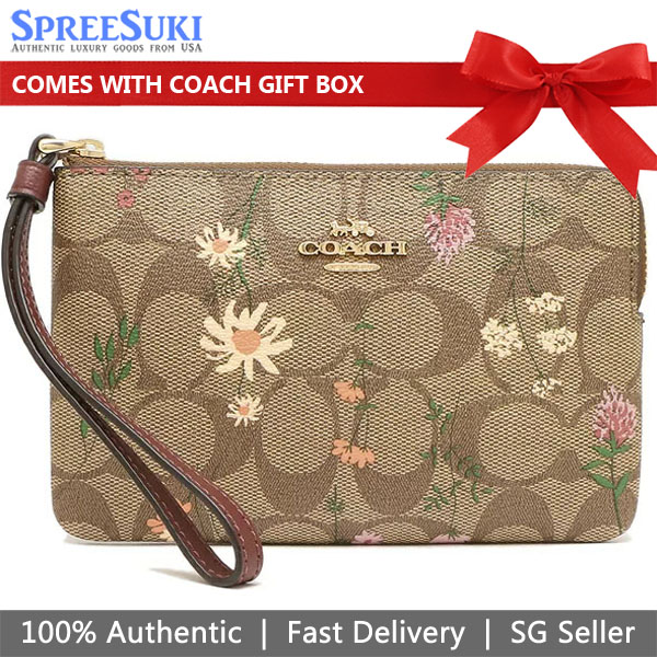 Coach Wristlet In Gift Box Small Wristlet Signature Wildflower Corner Zip Khaki # C8732