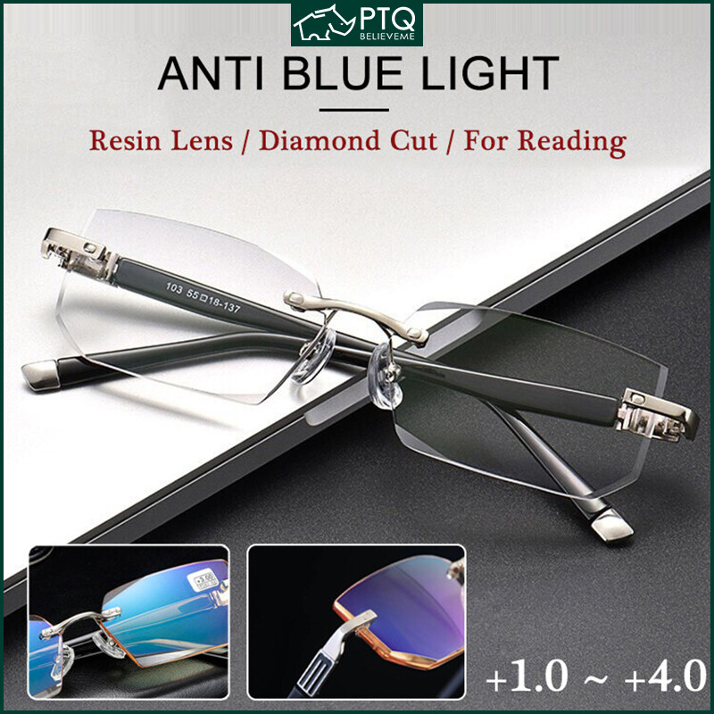 Reading Glasses Anti Blue Light Eyewear Protection Lenses Frameless Diamond Cutting Eyeglasses for Women Men Presbyopic Glasses +1.0 To +4.0
