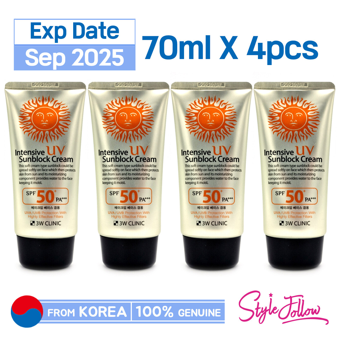 4pcs/280ml❤️[3W CLINIC] Intensive UV Sunblock Cream 70ml (SPF50+/PA+++)