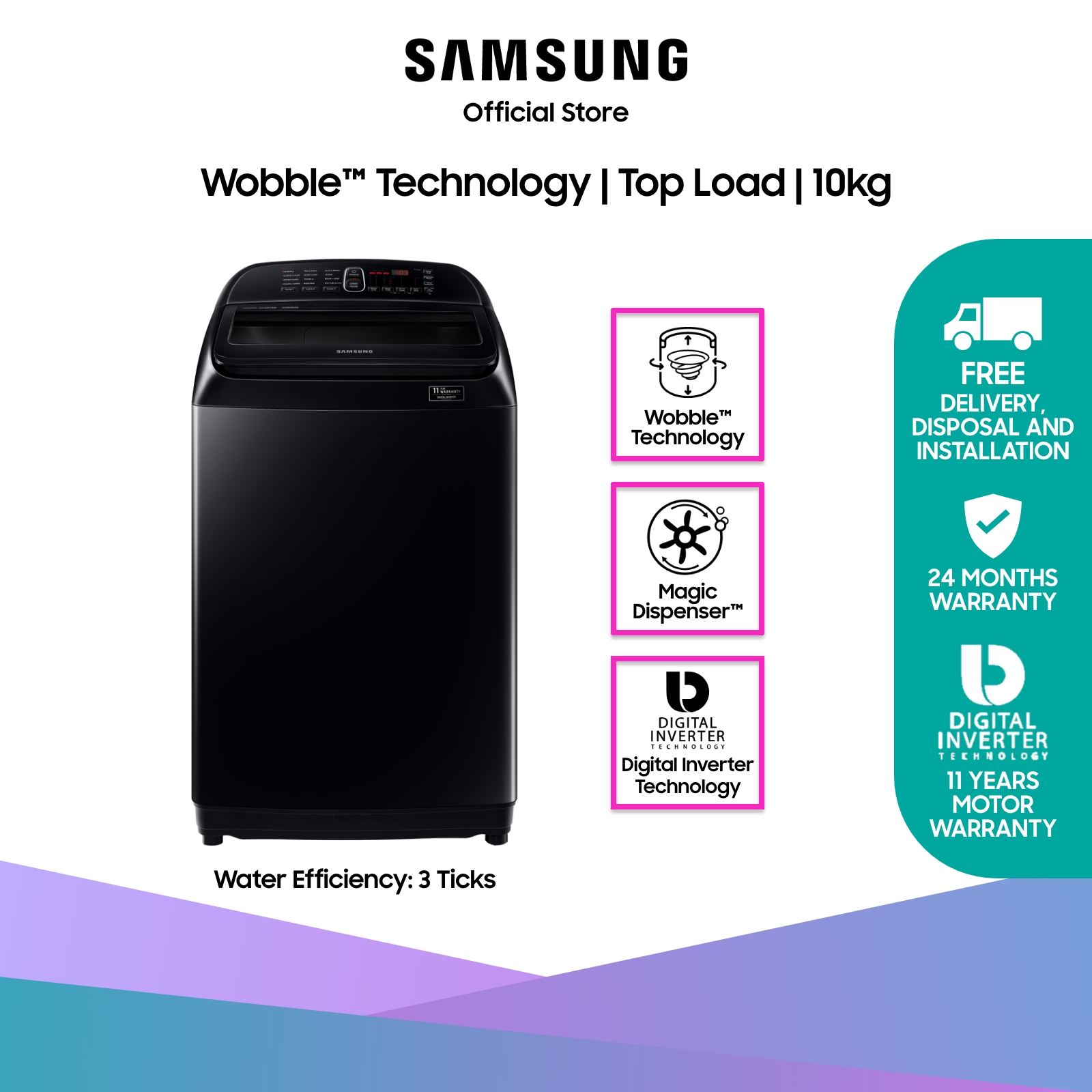 [Bulky] SAMSUNG WA10T5360BV/SP, Top Load Washing Machine, 10KG, 3 Ticks, with Wobble™