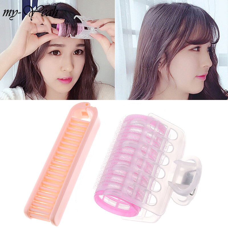 myyeah 2pc/set Professional Hairdressing Tool Portable Straight Hair Comb+Air Bangs Hair Roller DIY Curler Fluffy Clamps Rollers Fluffy