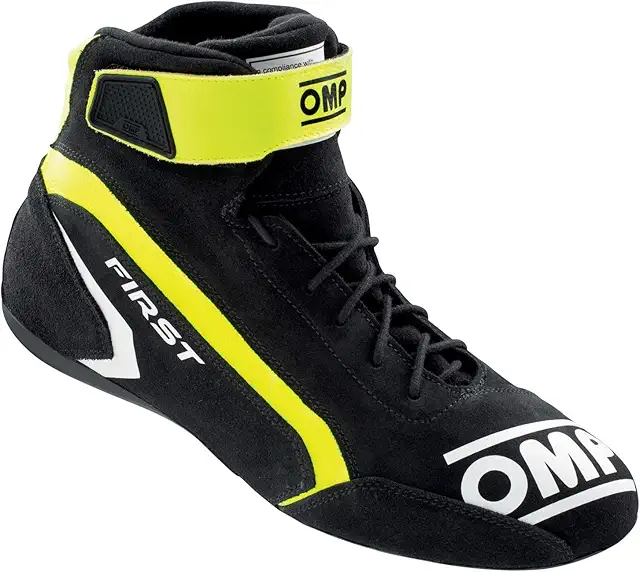 OMP Racing Driving Shoe, First, Mid-Top, SFI 3.3/5, FIA Approved, Suede Outer, Fire Retardant Fabric Inner, Black/Fluorescent Yellow